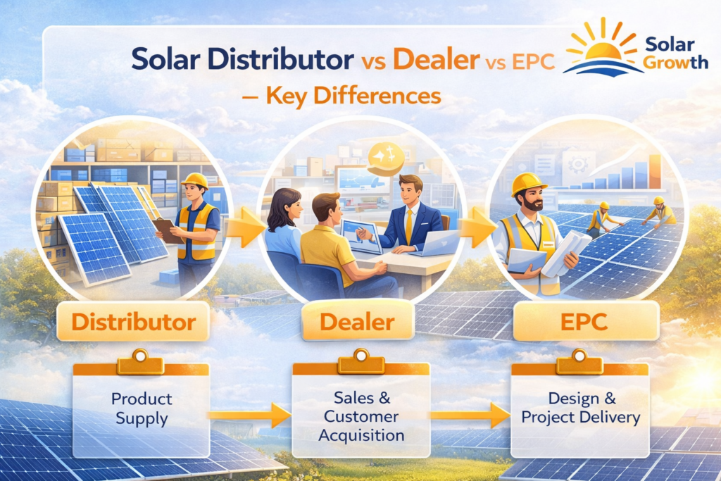 Difference between solar distributor dealer and EPC roles in India showing supply chain and project execution