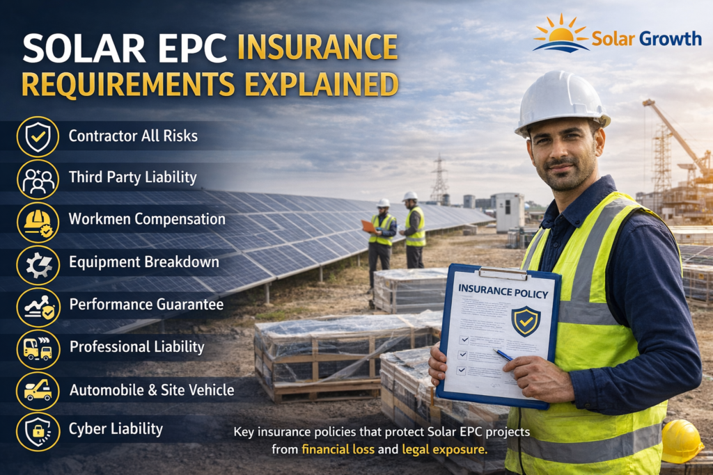 Solar EPC insurance requirements in India showing risk coverage policies for solar projects and contractors