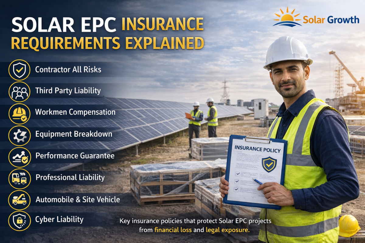 Solar EPC insurance requirements in India showing risk coverage policies for solar projects and contractors