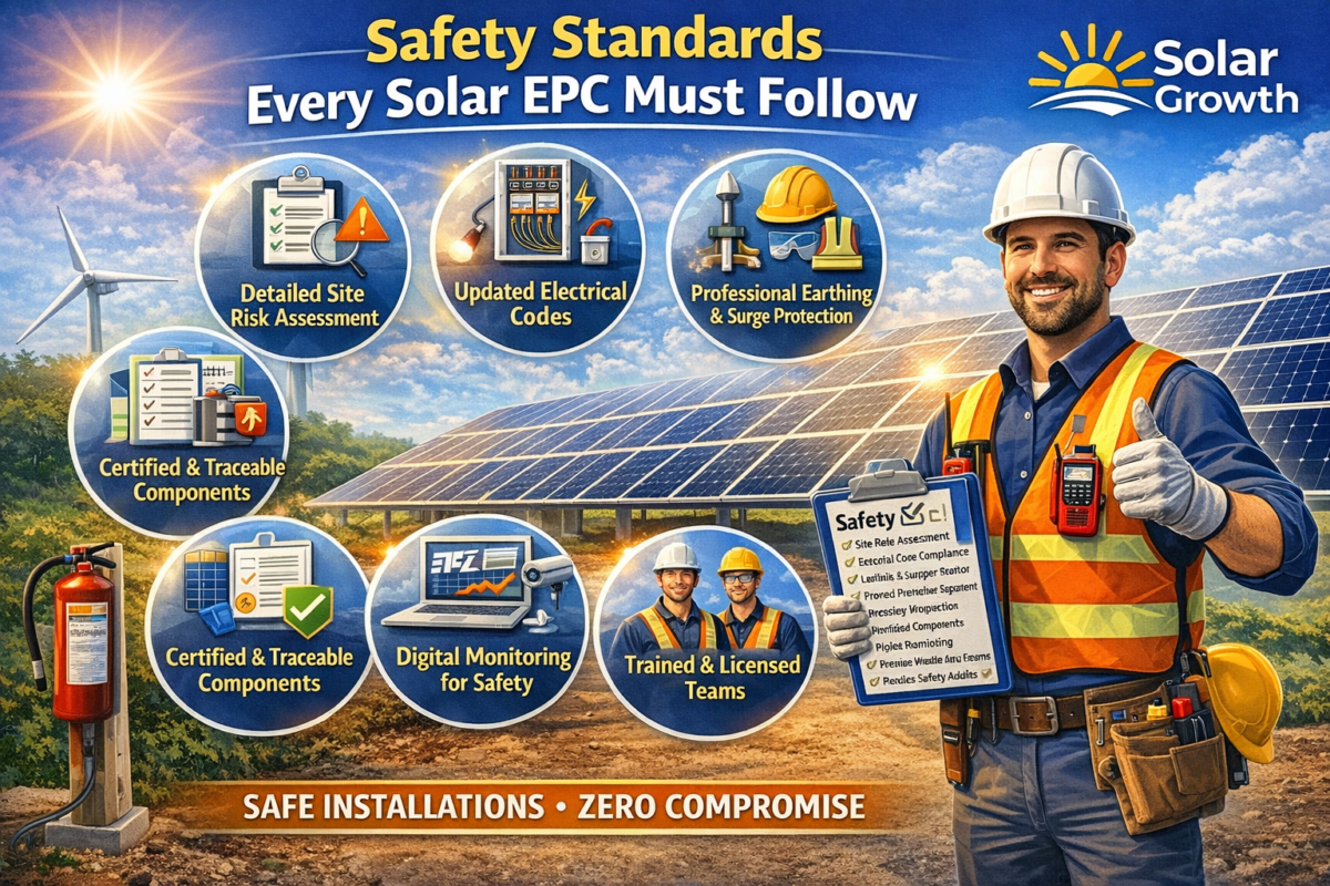 Solar EPC safety standards in India showing installation safety practices PPE and electrical compliance for solar projects