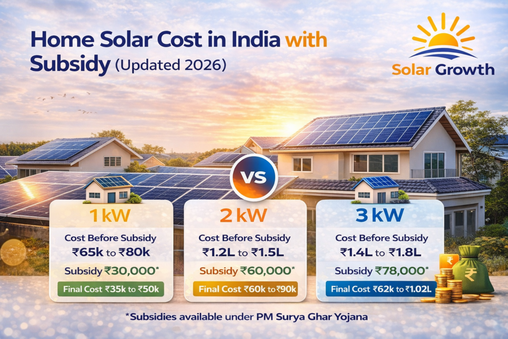 Home solar system cost in India 2026 showing price per kW subsidy and savings