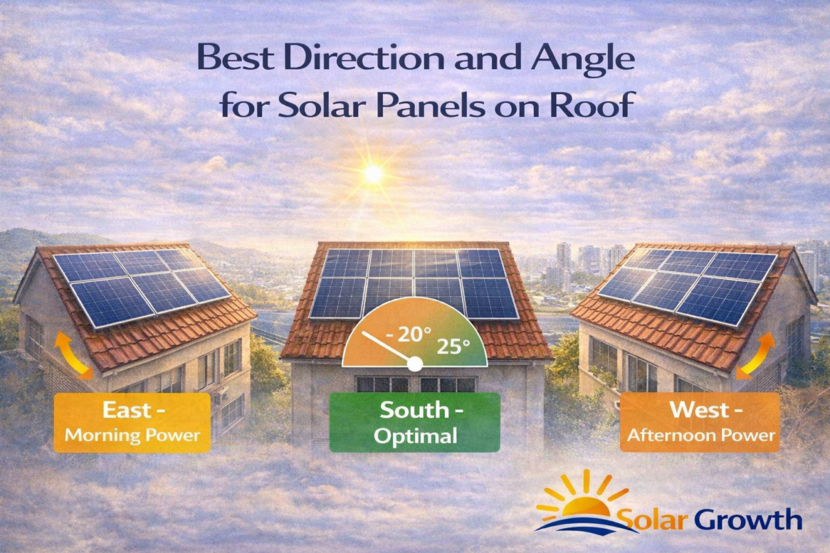 Best direction and tilt angle for solar panels on rooftop in India showing east south and west orientation