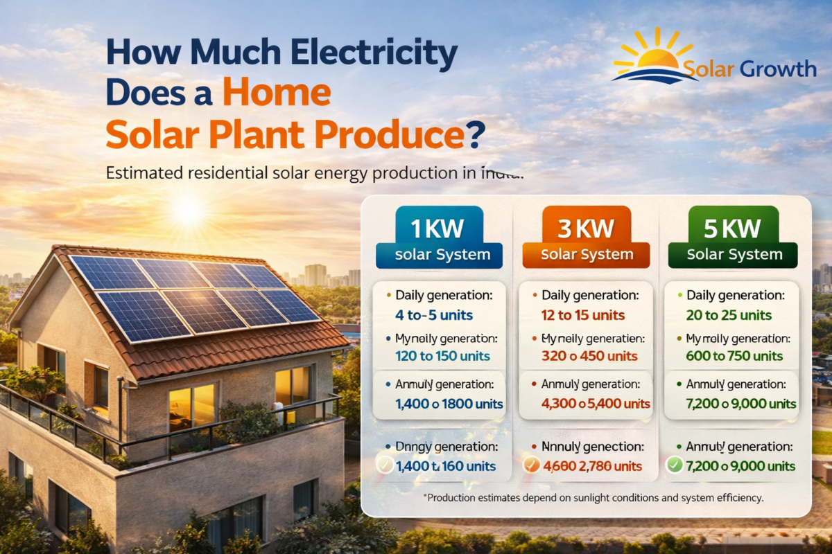 Electricity generation from home solar plant in India showing 1kW 3kW and 5kW system output