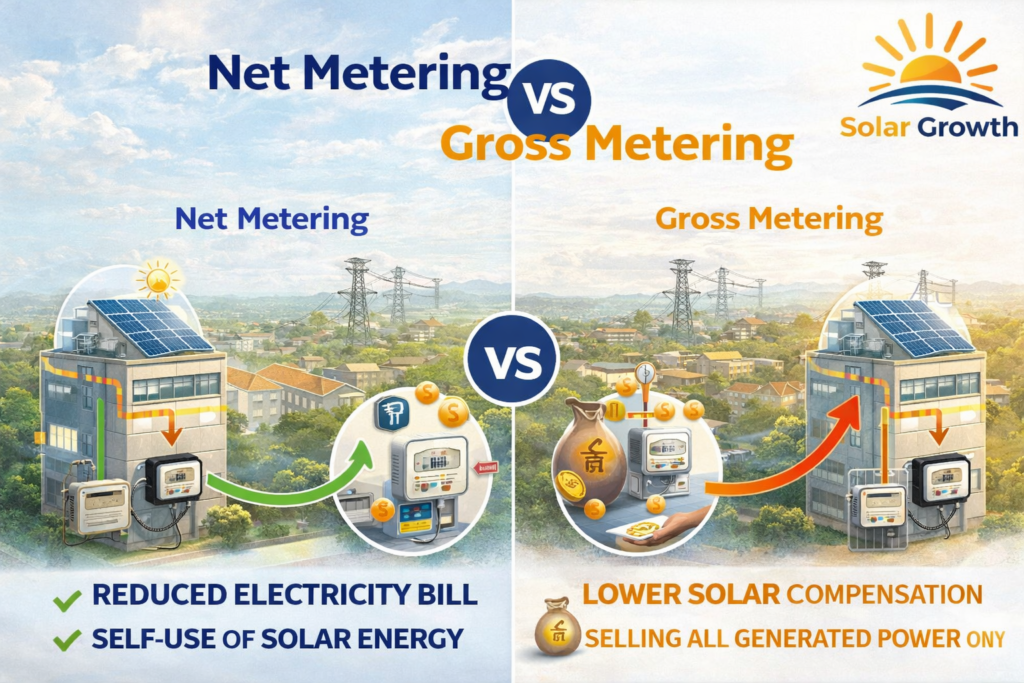 Net metering vs gross metering comparison for commercial solar systems in India showing electricity flow and billing difference