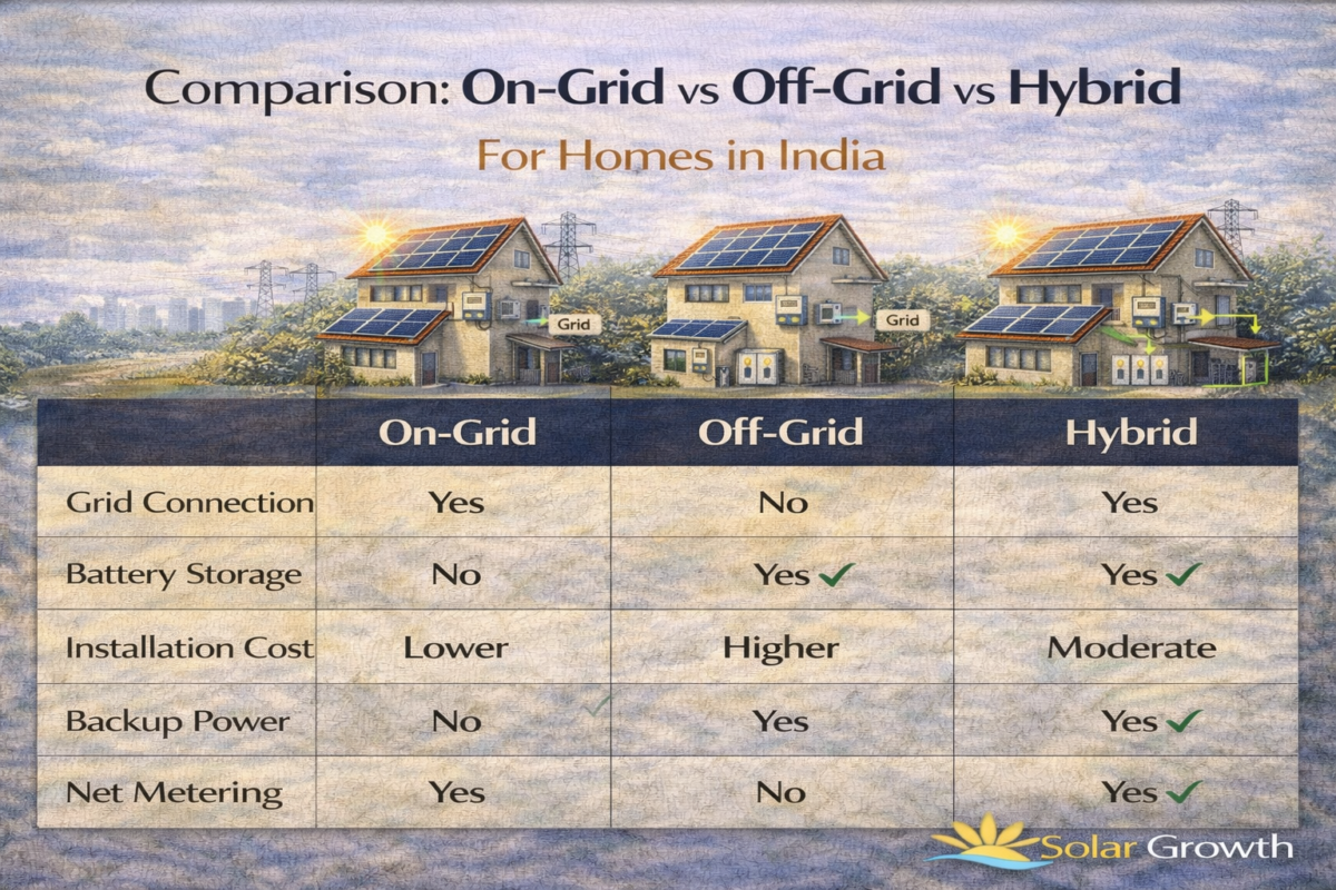 On Grid vs Off Grid vs Hybrid Solar for Homes (India)