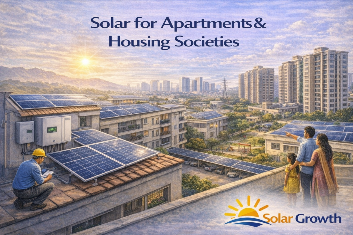 Solar panels installed on apartment buildings in India powering housing society common areas