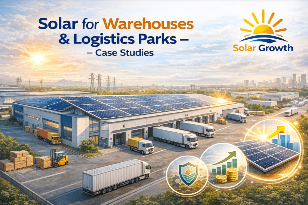 Solar panels installed on warehouse and logistics park rooftops in India for industrial energy savings